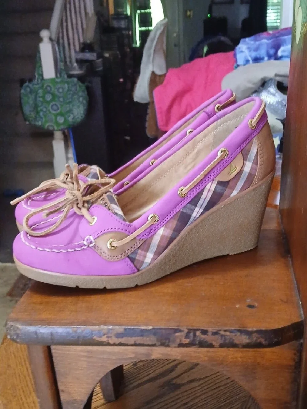 Sperry/topsider,suede Fuscia Plaid Wedge Shoes‎ with Tan Leather-Laces, Sz.8m